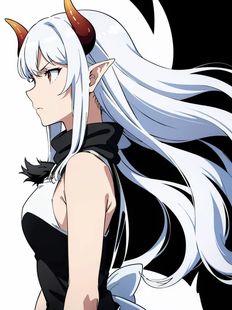 1girl,20 years,solo,mature female,long hair,white hair,elf ears,(horns),black scarf,(((white background))),(black tank top),angry,profile,bare belly,upper body,solo