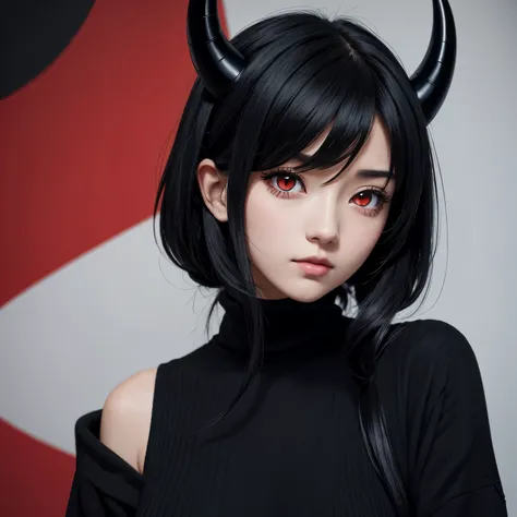 Anime girl with black hair, red eyes, black clothes and blue Horns