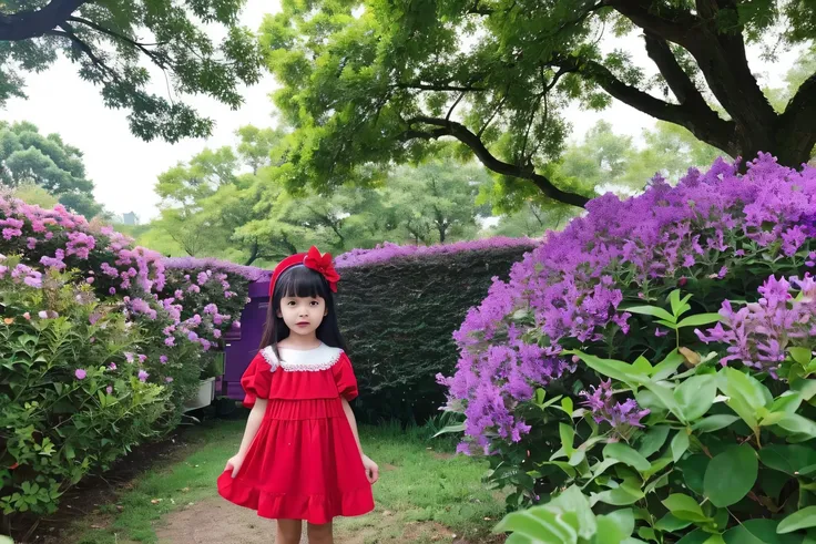 purple flowers and trees々surrounded by、next to the purple cat、A 9-year-old girl wearing red clothes is alone..。