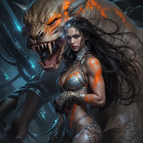 1 female alien, The predator, (extremely beautiful:1.2), (intense gaze:1.4), (predator:1.1), long dark claws, (NSFW:1), nipples, thick eyebrows, (She has shining sky blue orange eyes:1.2), the most beautiful face in the universe, jet black hair, symmetrica...