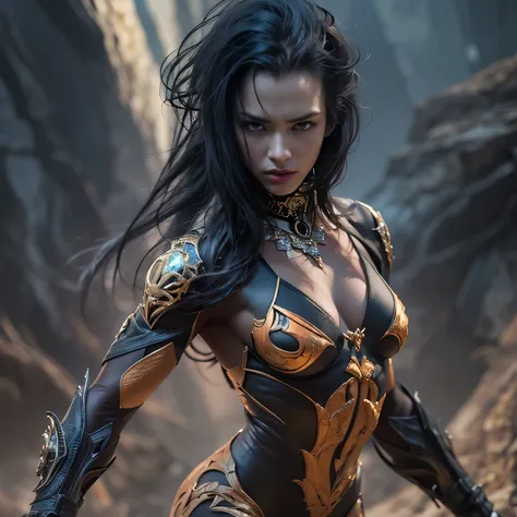 1 female alien, The predator, (extremely beautiful:1.2), (intense gaze:1.4), (predator:1.1), long dark claws, (NSFW:1), nipples, thick eyebrows, (She has shining sky blue orange eyes:1.2), the most beautiful face in the universe, jet black hair, symmetrica...