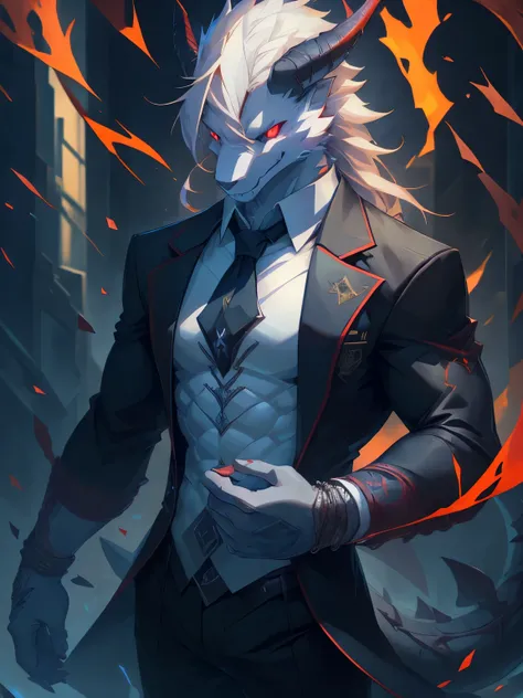 male, furry, Dragon anthro, solo, white fur, Red eyes, (Realistic eye details 1.2), business suit wear, V0id3nergy, abs, Masterpiece, dramatic lighting, soft lighting, day, highly detail, Hair coiled