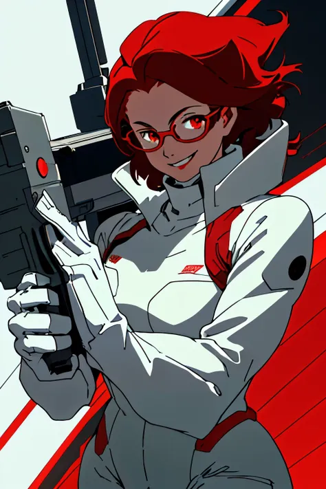 girl , red hair , long hair , red eyes , glowing eyes , white bodysuit , round glasses big , big laser gun in hand, smiling , 5 fingers , 2 hands , accurate anatomy , helmet , big gloves