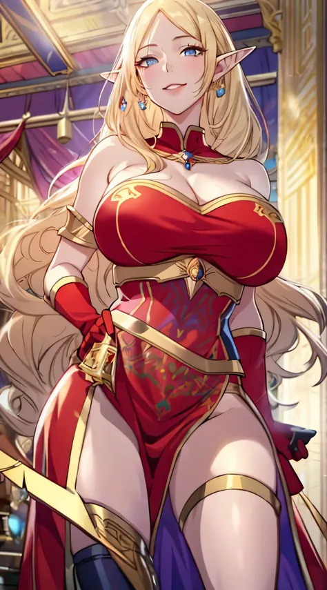 Lian, long blonde hair, long elf ears, hair stick, bangs, blue eyes, solo, smiling, standing, upper body, hips, bare shoulders,purple thighhighs,red dress, gold jewelry,armor,gloves,circlet, cleavage, red and gold royal castle, gigantic breasts, (best qual...