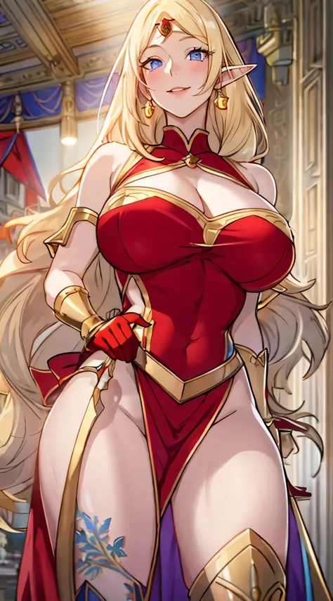 Lian, long blonde hair, long elf ears, hair stick, bangs, blue eyes, solo, smiling, standing, upper body, hips, bare shoulders,purple thighhighs,red dress, gold jewelry,armor,gloves,circlet, cleavage, red and gold royal castle, gigantic breasts, (best qual...