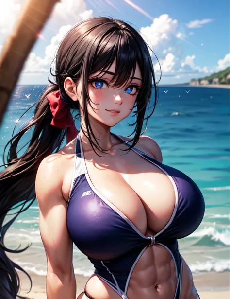 4k,  ,Lens flare, black hair ,mascara, eyeliner, god rays, glowing eyes, 4k, 8k, best quality, masterpiece, hyper detailed, intricate detail, pony tail, long hair, beach swimsuit, massive breasts, smug, blue eyes, heart shaped pupils, muscles