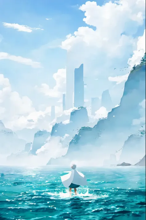 1 white-haired man floating on the water，minimalist，animation art style