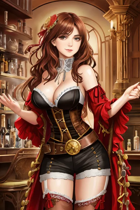 In the captivating world of steampunk and magic, a lifelike UHD photography shot presents a 35-year-old Spanish female cabaret dancer with a portrait-quality face, radiantly showcasing her enchanting features. The dancer, with wavy chestnut hair cascading ...