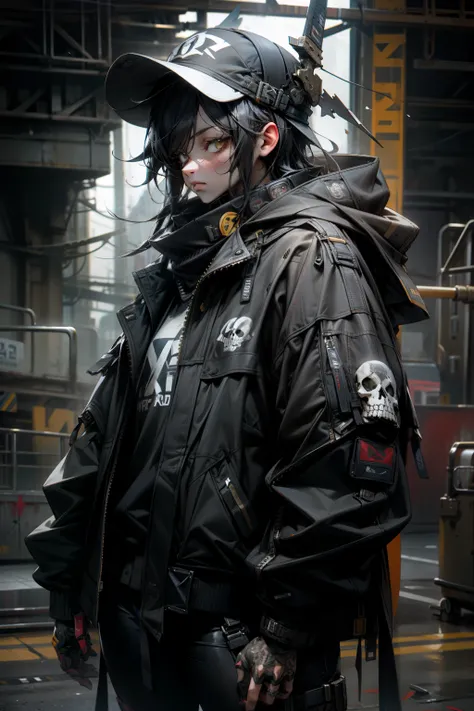 "Designing a weather-resistant outfit with an alternative rock gore music theme, this modern and stylish top and jacket ensemble features the graffiti tag "RAMA" and a skull head - Otomodosisms- inspired modern topi. The realistic 3D rendering of this 8k d...