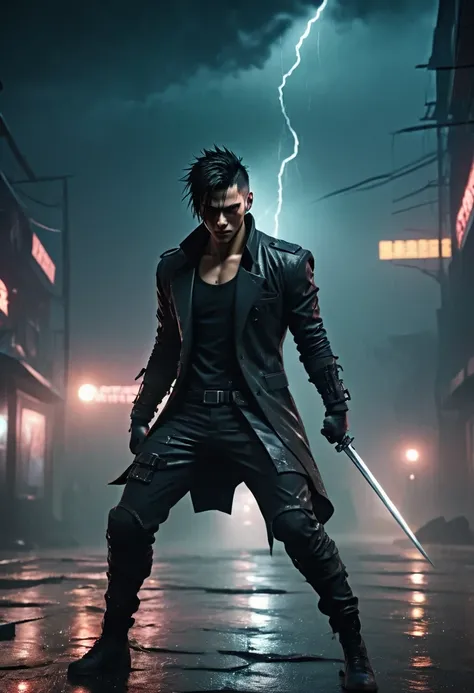 sh4g0d 风格cyberpunk特工,There is a sword on his back, wearing black suit, ，(Strong dynamic stance:1.5)，(struggle:1.3)，Strong，His face is very determined，rainy night，rainstorm，hazy atmosphere. An atmosphere full of mystery and intrigue. cyberpunk, 8k, super de...