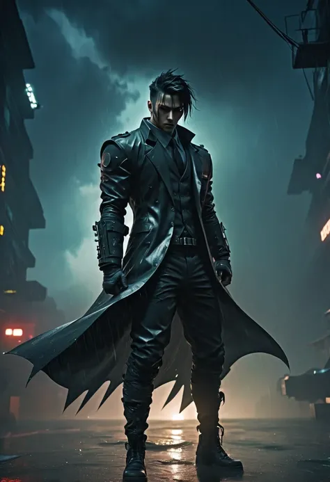 sh4g0d 风格cyberpunk特工,There is a sword on his back, wearing black suit, ，(Strong dynamic stance:1.5)，(struggle:1.3)，Strong，His face is very determined，rainy night，rainstorm，hazy atmosphere. An atmosphere full of mystery and intrigue. cyberpunk, 8k, super de...