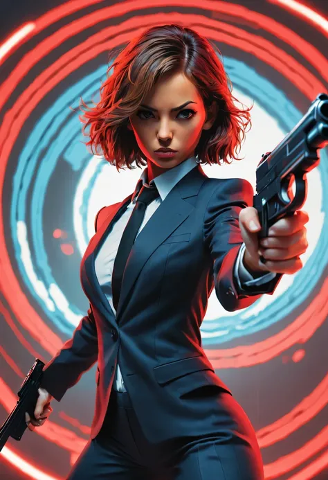  8k, super detailed, precise, best quality, Domestic 007，black suit，Cute, slim, young and hot female agent, struggle, (wearing a suit:1.2), holding a gun, San Diego Red Circle, red light and blue light, Very detailed, Ray tracing, number, concept art, Smoo...