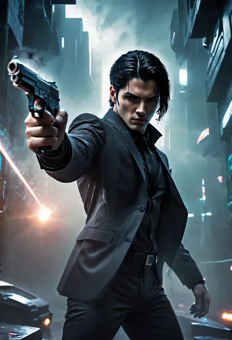 rainy night，Futuristic male agent, His face is very determined, intense gaze, shiny black hair, Detailed futuristic silver pistol,,wearing black suit,, Stylish and well-fitting, dynamic action poses, Light, futuristic city background, neon Lights, Sci-fi a...