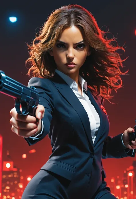  8k, super detailed, precise, best quality, Domestic 007，black suit，Cute, slim, young and hot female agent, struggle, (wearing a suit:1.2), holding a gun, San Diego Red Circle, red light and blue light, Very detailed, Ray tracing, number, concept art, Smoo...