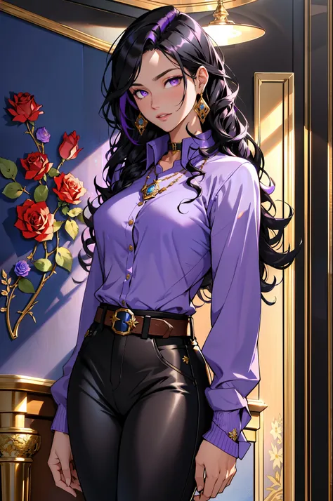 solo,woman,human female, 1girl,((black hair, long hair, curly hair)), (fair skin), young adult, slender body, Purple eyes, blue pupils, detailed hair, detailed face, detailed eyes, detailed sweater, grey sweater, sheathed, rapier, tight shirt, long sleeve ...