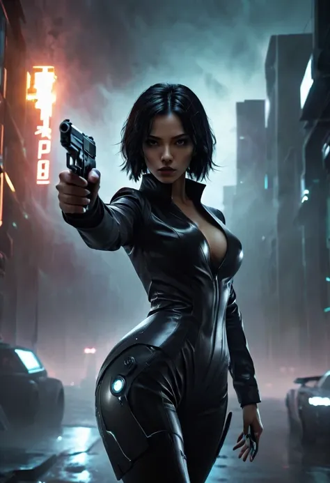 rainy night，futuristic agent, His face is very determined, intense gaze, shiny black hair, Detailed futuristic silver pistol,,wearing black suit,, Stylish and well-fitting, dynamic action poses, Light, futuristic city background, neon Lights, Sci-fi atmosp...