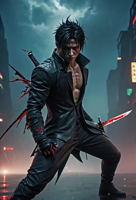 sh4g0d 风格cyberpunk特工,There is a sword on his back, wearing black suit, ，(Strong dynamic stance:1.5)，(struggle:1.3)，(blood spatter)，Strong，His face is very determined，rainy night，rainstorm，hazy atmosphere. An atmosphere full of mystery and intrigue. cyberpu...