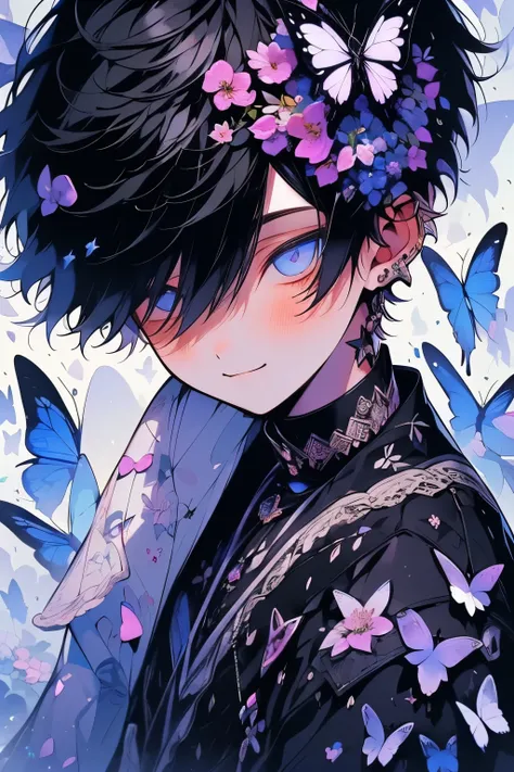 (muste piece), (highest quality), very detailed, (1 boy:1.4), concentrated，perfect face, beautiful face, very detailed顔，flower，butterfly々，flowerびら，Light，(smile:1.3)，(black haired boy:1.4)