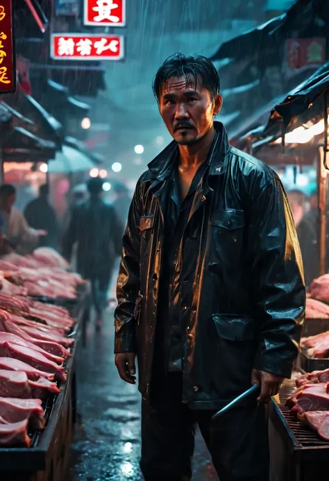 (wet market，Pork stalls:1.2)，rugged chinese man，Meat buying agent，Stephen Chow，(Strong dynamic stance:1.5)，intense gaze, rainy night，rainstorm，hazy atmosphere. An atmosphere full of mystery and intrigue. cyberpunk, sharp focus, (subsurface scattering:1.1),...