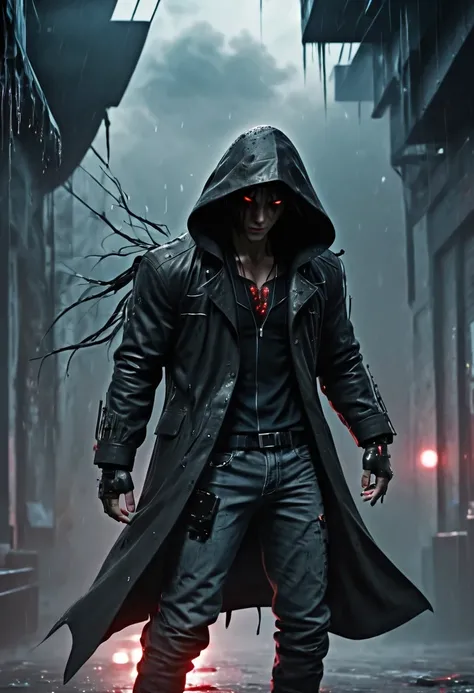 sh4g0d 风格cyberpunk特工,Wearing an elegant black hooded jacket，(Strong dynamic stance:1.5)，(struggle:1.3)，(blood spatter)，Strong，His face is very determined， 8k, super detailed, precise, best quality，rainy night，rainstorm，hazy atmosphere. An atmosphere full o...