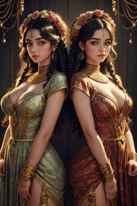 (best quality,highres,ultra-detailed:1.2),Siamese twins in a vintage circus,curly hair,Egyptian-inspired clothing,detailed eyes with different eye colors,elongated necks and limbs,ornate headdress,twisted vines and flowers in the background,dreamy lighting...