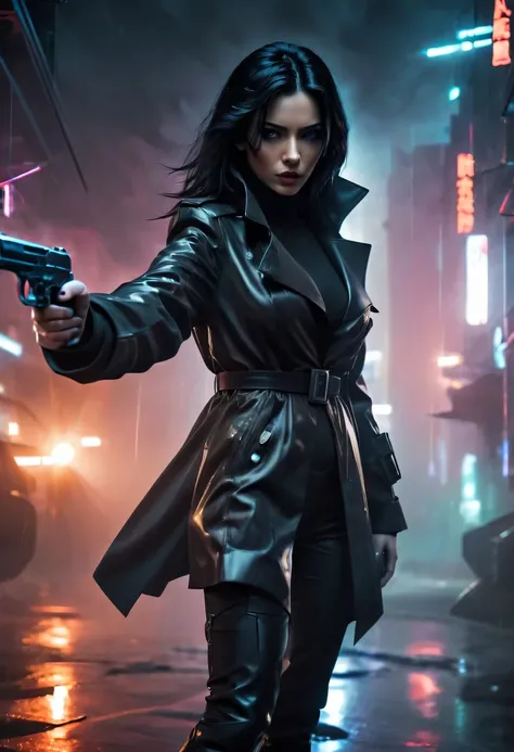 rainy night，future female agent, His face is very determined, intense gaze, shiny black hair, Detailed futuristic silver pistol,,wearing black coat,, Stylish and well-fitting, dynamic action poses, Light, futuristic city background, neon Lights, Sci-fi atm...