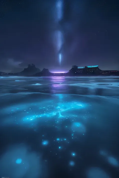 sea of frozen methane bubble, bioluminescent stars in the sky, touquois sky, soft cotton clouds, tourqouis ocean waves, shiny, p...