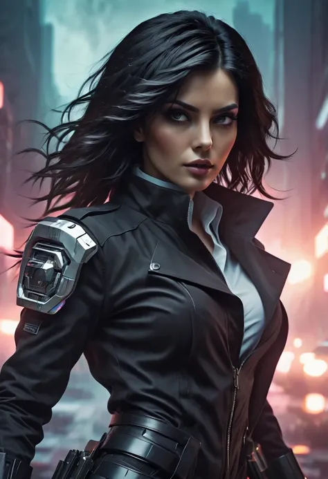 (best quality,4k,high resolution,super detailed,actual:1.37),future female agent, Detailed facial features, intense gaze, shiny black hair, Detailed futuristic silver pistol,,wearing black coat,, Stylish and well-fitting, dynamic action poses, Light, futur...