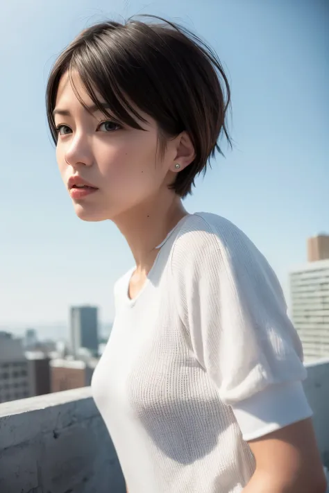 Realistic , Adult tomboy with short hair, white clothes ,rooftop backdrop