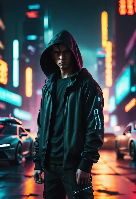 Wide-angle lens, cool, as.H.I.and.L.d. agent., black eyes, There is a sword on his back, Wears a black hooded trench coat, 站在霓虹灯and飞行汽车的未来城市景观前, 8k, cyberpunk,sharp focus, (subsurface scattering:1.1), Winning photo, Full body image:1.1, Serious, Scary expr...