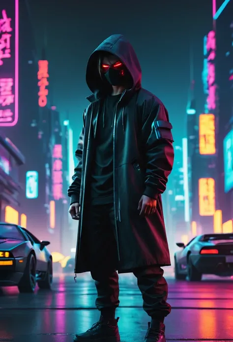 Wide-angle lens, cool, as.H.I.and.L.d. agent., black eyes, There is a sword on his back, Wears a black hooded trench coat, 站在霓虹灯and飞行汽车的未来城市景观前, 8k, cyberpunk，sharp focus, (subsurface scattering:1.1), Winning photo, Full body image:1.1, Serious, Scary expr...