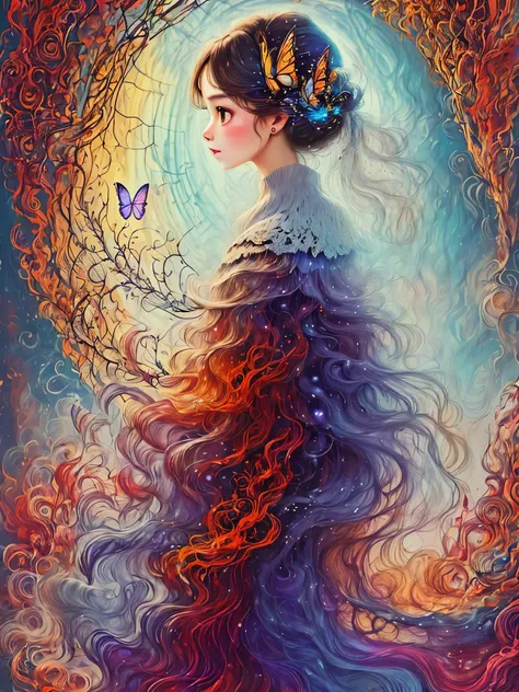 (illustration:1.3),spring, 1 beauty, Phoenix, flowers, Butterfly, Wire, best quality, detailed details, masterpiece, official art, Cinema-level lighting effects, 4k,