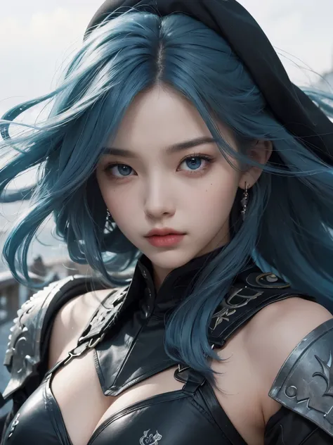 Upper body close-up image. A beautiful woman. facial details. Beautiful double eyes. The bridge of my nose. Well-shaped lips. She has long blue hair. He wears black combat uniform and carries a sword. A masterpiece.