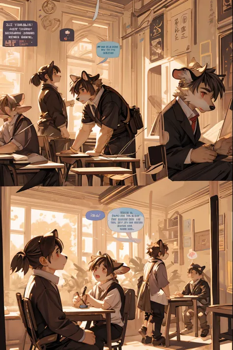 top quality, best quality, highres, masterpiece, super high resolution, detailed background, School, class, 6+boys, 6+girls, absurdres(highly detailed beautiful face and eyes)perfect anatomy, good lighting, cinematic shadow(kemono, furry anthro)assorted ex...