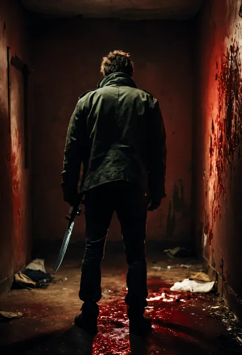 man from behind wearing jacket, hold knive weapon, dark abandoned room, blood on wall and floor, red, serial killer, grimmy, sha...