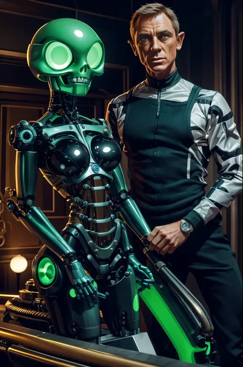 james bond is actually a clock work robots with mechanical joints and seams, a little green alien sits in bond's open skull oper...