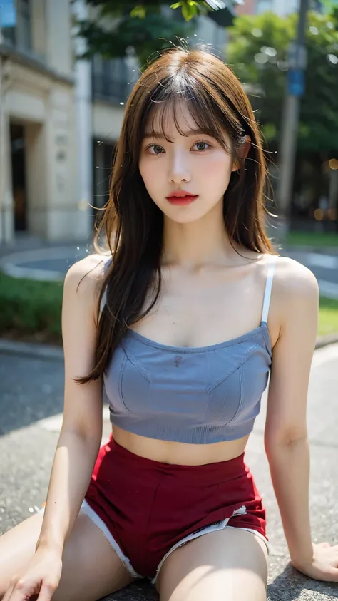 (photorealistic:1.8),(bokeh:0.3),((((film grain)))),(masterpiece:1.2),(highest quality:1.2),8k,raw photo,High-quality texture,detailed texture, Girl in thin low cut camisole and tight denim shorts poses for photo、full body Esbian、Cropped T-shirt、bra very、S...