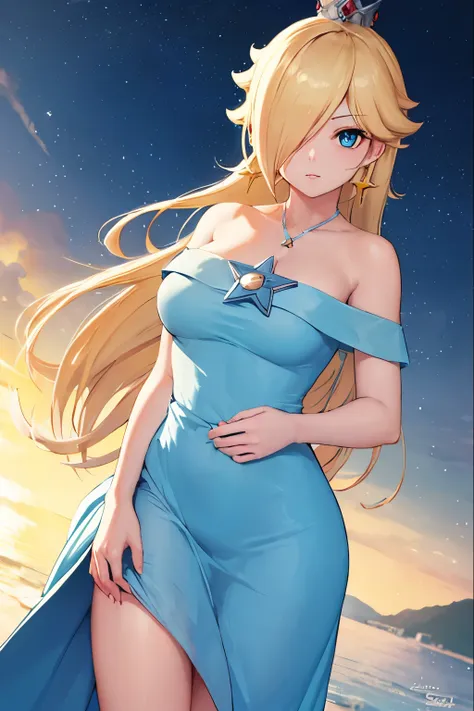 rosalina, rosalina, blonde hair, blue eyes, hair over one eye, long hair, break blue dress, sky-high panties, crown, dress, earr...