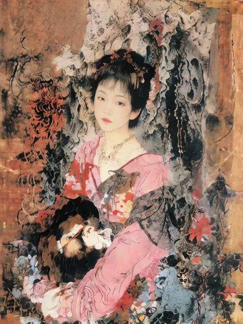 best quality,masterpiece,ultra high resolution,1 woman,looking at the audience,one,yamamoto takato style,
flower background，abst...