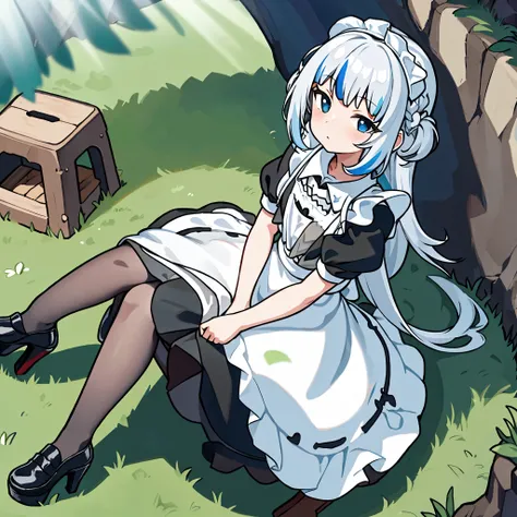 gawr gura (long hair) , Cute big eyes , maid attire, black pantyhose, high heels ,Sit politely ,Sitting on the grass in a cave, there was light shining on it.