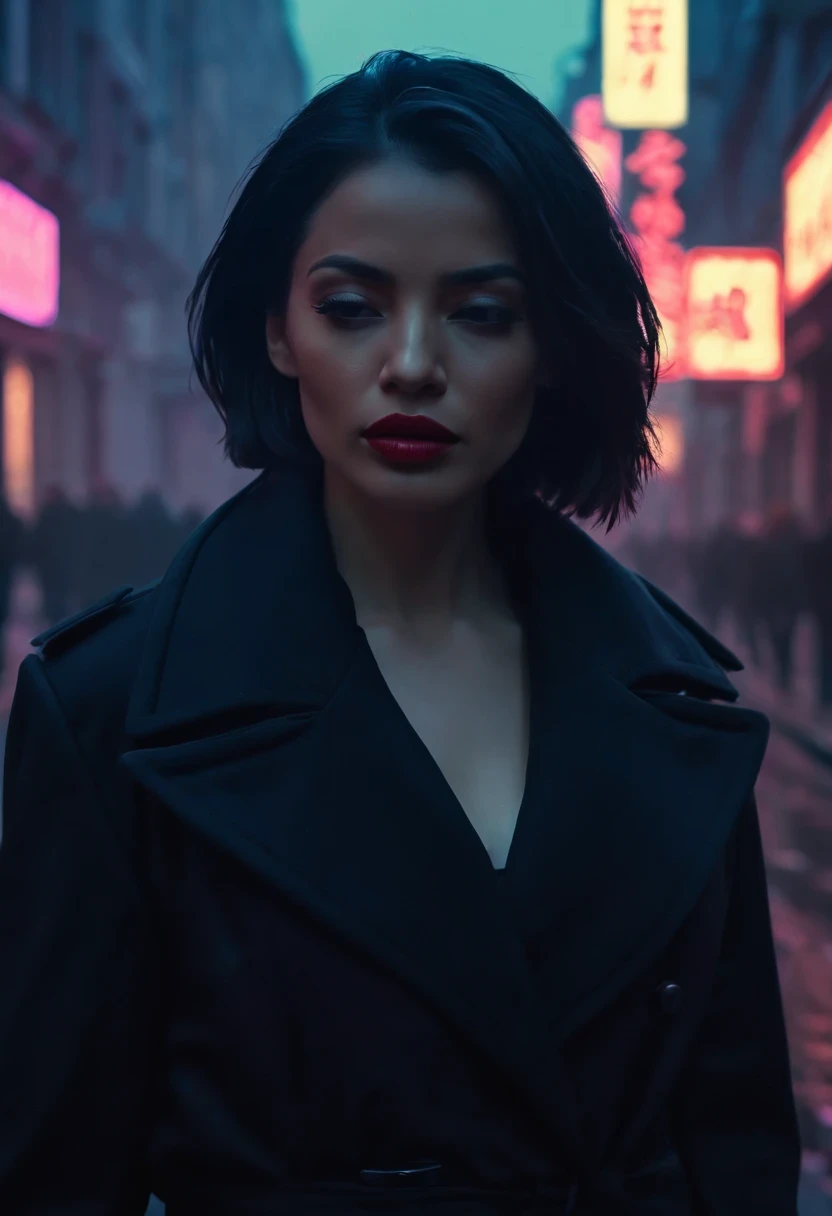 Female agent walking on the street，Outlook. Wear an elegant black coat. her lips tightly closed，Eyes are nervous. The situation is dangerous and serious. colored. hazy atmosphere. An atmosphere full of mystery and intrigue. cyberpunk,