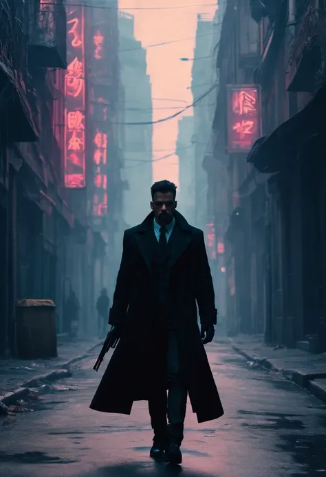 An agent walks down the street，Outlook. Wear an elegant black coat. his lips tightly closed，Eyes are nervous. holding a gun, The situation is dangerous and serious. colored. hazy atmosphere. An atmosphere full of mystery and intrigue. cyberpunk,