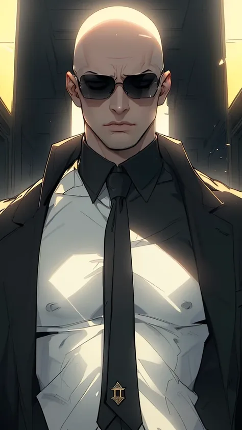 agent,bald, big and sexy，wear an elegant black suit，wearing black sunglasses，his lips tightly closed，eyes are nervous. the situa...