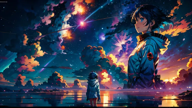 anime wallpapers of a girl floating in spaces (woman, blue eyes，dark blue hair ,  Perfect female figure) looking at a view of the space and stars, cosmic spaces. by makoto shinkai, anime art wallpaper 4 k, anime art wallpaper 4k, anime art wallpaper 8 k, a...