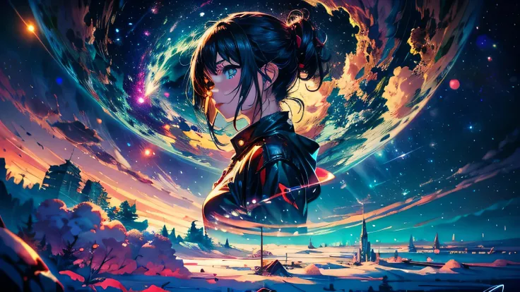 anime wallpapers of a girl floating in spaces (woman, heterochromia eyes，dark blue hair ,  Perfect female figure) looking at a view of the space and stars, cosmic spaces. by makoto shinkai, anime art wallpaper 4 k, anime art wallpaper 4k, anime art wallpap...