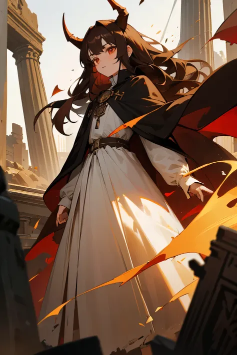 1 girl, 19 years old, tall, long brown hair, red eyes, black straight horns, white dress, black cape, old torn clothes, ancient ruins, chest. 1 guy, brown hair, amber eyes, tall, old tattered clothes, black cape, ancient ruins