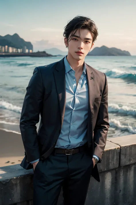 Realistic handsome Taiwanese man , sea backdrop