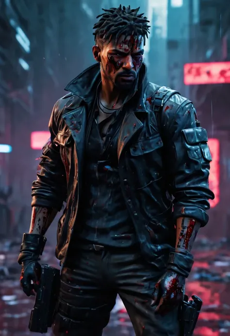 sh4g0d风格赛博朋克特工,(Strong dynamic stance:1.5),(struggle:1.3),(blood spatter),Strong,His face is very determined, 8k, super detailed, precise, best quality