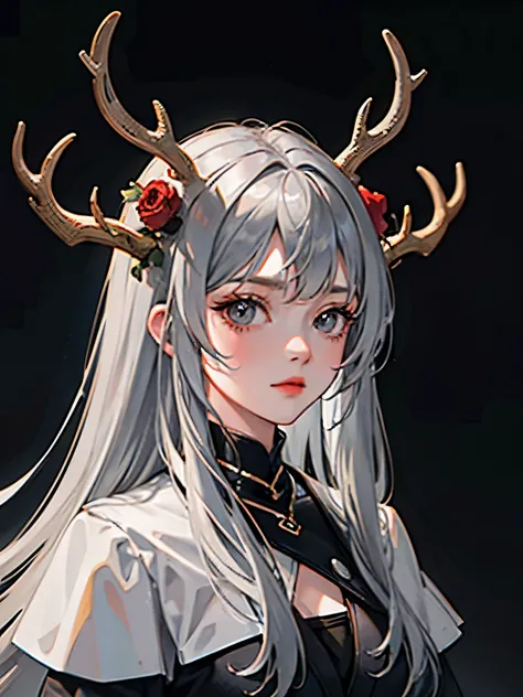 girl, Gray hair, standing, deer antlers, looking at viewer, digital art, masterpiece, sharp, black background, close look, no background,