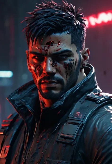 sh4g0d风格赛博朋克特工,(Strong dynamic stance:1.5),(struggle:1.3),(blood spatter),Strong,His face is very determined, 8k, super detailed, precise, best quality
